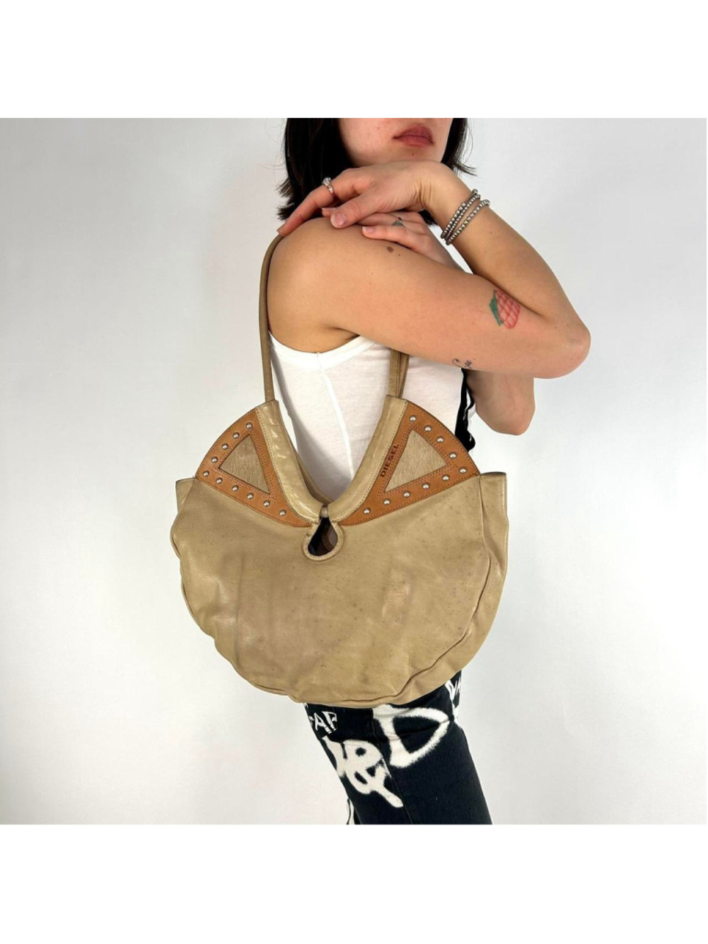 vintage Diesel tan circular genuine leather bag